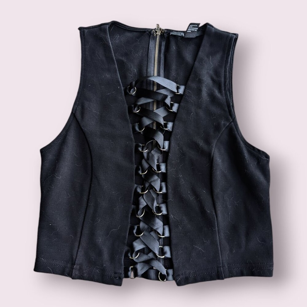 Black Lace Up Festival Dance Burning Man Crop Sleeveless Fitted Top Small